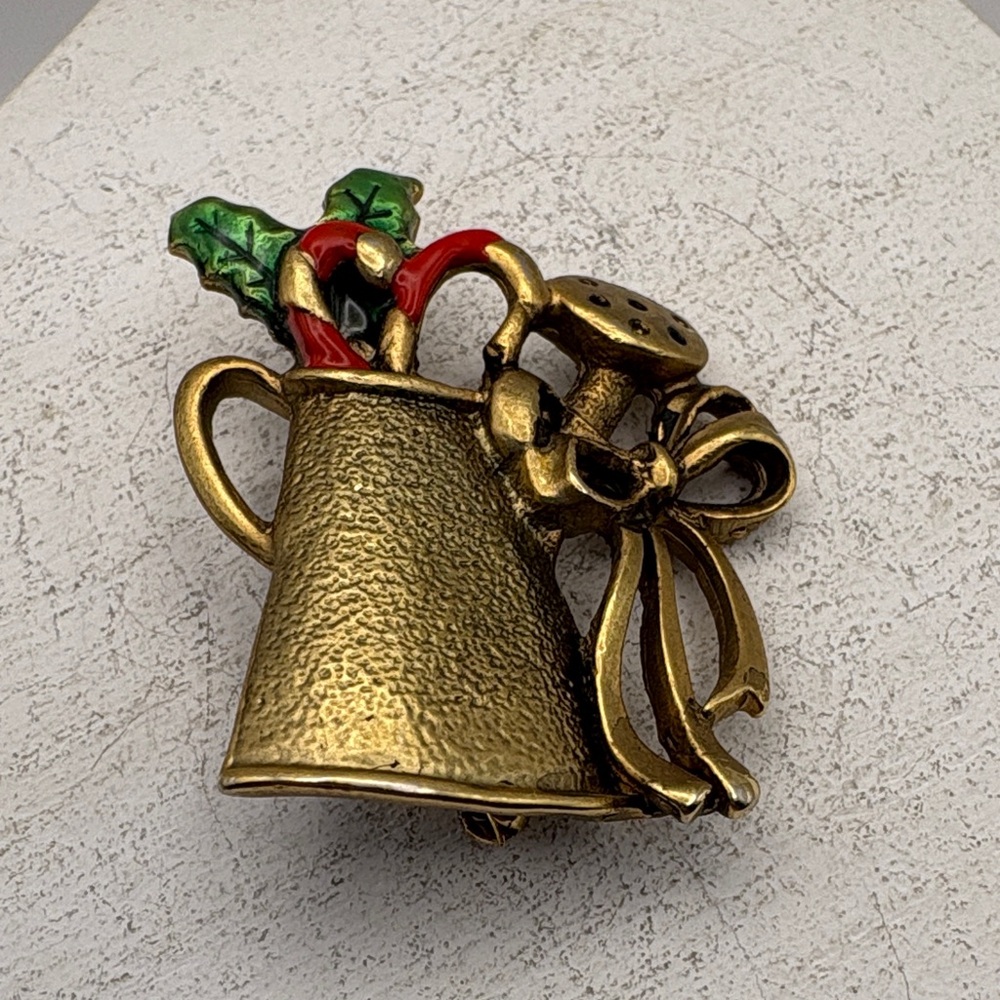 DaneCraft Gold and Red Watering Can Brooch
